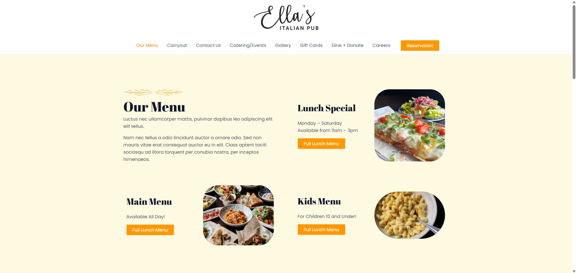 Ella's Italian Pub website screenshot